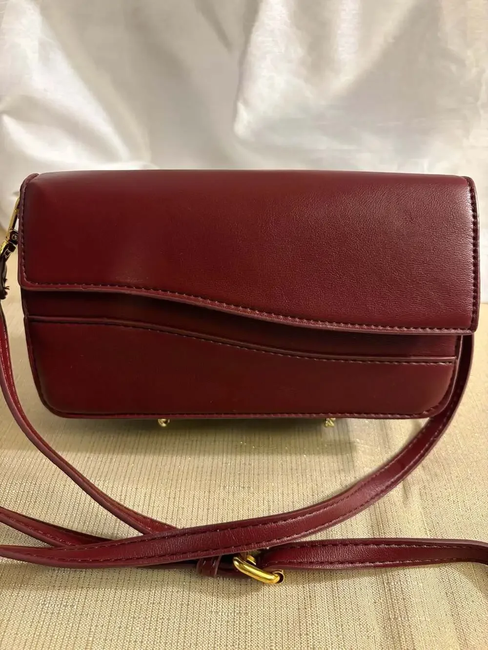 Burgundy Asymmetrical Flap Multi-Compartment Wallet Crossbody Bag